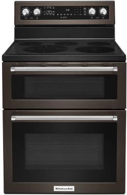 KitchenAid® 30" Black Stainless Steel With PrintShield™ Finish Free Standing Electric Double Convection Range
